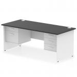 The dynamic pedestal desk is 1800 x 800mm and has a sleek black top with a white panel end leg. It comes equipped with a 2 drawer and 3 drawer fixed pedestal for storage. This modern office desk exudes sophistication and functionality.
