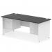 The dynamic pedestal desk is 1800 x 800mm and has a sleek black top with a white panel end leg. It comes equipped with a 2 drawer and 3 drawer fixed pedestal for storage. This modern office desk exudes sophistication and functionality.