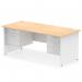 The photo shows a sleek and modern Dynamic Pedestal Desk Impulse with a 1800 x 800mm straight maple top and white panel end leg. It features a 2 drawer and 3 drawer fixed pedestal for ample storage. The desk exudes a professional and functional vibe, perfect for any office setting.