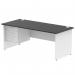 The picture shows a sleek, modern Dynamic Pedestal Desk Impulse sized at 1800 x 800mm. The desk features a black tabletop and white panel end legs, with a 3-drawer fixed pedestal on one end. The desk exudes an atmosphere of professionalism and efficiency.
