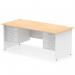 The photo depicts a dynamic pedestal desk with a 1800 x 800mm maple top and white panel end leg. The desk features 2 x 3 drawer fixed pedestal for storage. The overall look is clean and modern with a touch of sophistication.