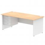 This photograph features a Dynamic Pedestal Desk Impulse with a straight office desk made from maple wood and white panel end legs. The desk is 1800 x 800mm in size and comes with 1 fixed 3 drawer pedestal.