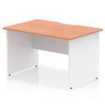 This photograph showcases a stylish and modern office desk with a beech top and white panel end leg. The edges are scalloped, adding a unique touch. The desk is 1200 x 800mm and ideal for any dynamic workspace.