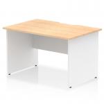 This picture features a sleek Dynamic Panel End Desk, measuring 1200 x 800mm and featuring a scalloped edge. The top is made of maple, complemented by a white panel end leg for a modern look.