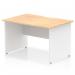 This picture features a sleek Dynamic Panel End Desk, measuring 1200 x 800mm and featuring a scalloped edge. The top is made of maple, complemented by a white panel end leg for a modern look.