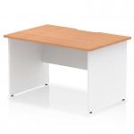This image shows a dynamic panel end desk in the Impulse design. The desk measures 1200 x 800mm and features a scalloped edge and an oak top. The panel end leg is white in color.