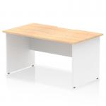 The picture shows a dynamic office desk with an impulse 1400 x 800mm scalloped edge maple top. The straight design and white panel end leg create a modern and professional look.