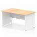 The picture shows a dynamic office desk with an impulse 1400 x 800mm scalloped edge maple top. The straight design and white panel end leg create a modern and professional look.