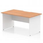 The image shows a modern and stylish dynamic panel end desk with a 1400 x 800mm oak top and white panel end leg. The desk features a scalloped edge for added design appeal. Perfect for creating a sleek and functional workspace in any office setting.