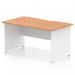 The image shows a modern and stylish dynamic panel end desk with a 1400 x 800mm oak top and white panel end leg. The desk features a scalloped edge for added design appeal. Perfect for creating a sleek and functional workspace in any office setting.