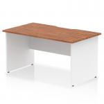 The photo shows a modern and sleek walnut desk with a scalloped edge, measuring 1400 x 800mm. The white panel end legs add a touch of elegance and stability to the dynamic design of the desk. Perfect for any straight office setting.