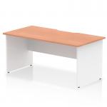 This photograph shows a sleek and modern office desk with a scalloped edge, measuring 1600 x 800mm. The beech top is complemented by white panel end legs, giving it a clean and professional look. This desk is a versatile choice for any workspace.