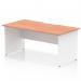This photograph shows a sleek and modern office desk with a scalloped edge, measuring 1600 x 800mm. The beech top is complemented by white panel end legs, giving it a clean and professional look. This desk is a versatile choice for any workspace.