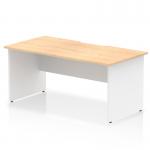 This image showcases a dynamic panel end desk with an Impulse 1600 x 800mm maple top and white panel end legs. The desk features a scalloped edge and a straight design, creating a modern and sleek appearance.