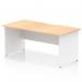 This image showcases a dynamic panel end desk with an Impulse 1600 x 800mm maple top and white panel end legs. The desk features a scalloped edge and a straight design, creating a modern and sleek appearance.