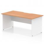This image features a dynamic panel end desk from the Impulse line, measuring 1600 x 800mm. The oak top is complemented by white panel end legs, and a scalloped edge adds a touch of design to the straight office desk.