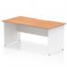 This image features a dynamic panel end desk from the Impulse line, measuring 1600 x 800mm. The oak top is complemented by white panel end legs, and a scalloped edge adds a touch of design to the straight office desk.