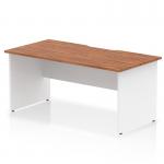 The photo shows a sleek and modern office desk, measuring 1600 x 800mm, with a walnut top and scalloped edge design. The panel end legs are in a crisp white color, making the desk stand out in any workspace. Its dynamic and impressive appearance adds a touch of style to any office setting.
