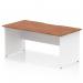 The photo shows a sleek and modern office desk, measuring 1600 x 800mm, with a walnut top and scalloped edge design. The panel end legs are in a crisp white color, making the desk stand out in any workspace. Its dynamic and impressive appearance adds a touch of style to any office setting.