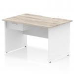 Impulse 1200 x 800mm Scalloped Edge Straight Office Desk Grey Oak Top White Panel End Leg Workstation 1 x 1 Drawer Fixed Pedestal TT000304