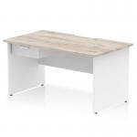 Impulse 1400 x 800mm Scalloped Edge Straight Office Desk Grey Oak Top White Panel End Leg Workstation 1 x 1 Drawer Fixed Pedestal TT000309