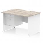 Impulse 1200 x 800mm Scalloped Edge Straight Office Desk Grey Oak Top White Panel End Leg Workstation 1 x 2 Drawer Fixed Pedestal TT000319