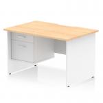 This picture shows a dynamic pedestal desk with a scalloped edge and a maple top, designed for office use. The desk has a white panel end leg and comes with a 2 drawer fixed pedestal. It measures 1200 x 800mm and provides ample workspace for any workstation.