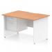 The dynamic pedestal desk has a scalloped edge and oak top, with a white panel end leg. It measures 1200x800mm and includes a 2 drawer fixed pedestal. The workstation is functional and stylish for any office setting.