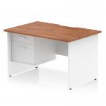This photo features a dynamic pedestal desk, measuring 1200 x 800mm, with a scalloped edge design. The desk has a rich walnut top and a crisp white panel end leg, creating a stylish and functional workstation. It also includes a fixed 2 drawer pedestal for added storage.