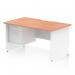 The photograph shows a sleek and modern Dynamic Pedestal Desk Impulse. It features a 1400 x 800mm beech top with a scalloped edge and a white panel end leg. The workstation also includes a fixed pedestal with 2 drawers for storage. This desk is perfect for any office space.