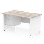 Impulse 1400 x 800mm Scalloped Edge Straight Office Desk Grey Oak Top White Panel End Leg Workstation 1 x 2 Drawer Fixed Pedestal TT000324