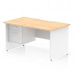The desk is designed with a scalloped edge and has a maple top with a white panel end leg. There is a fixed 2 drawer pedestal attached. The overall size is 1400 x 800mm, making it a spacious and functional workstation. It exudes a modern and dynamic vibe, perfect for any office setting.