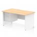 The desk is designed with a scalloped edge and has a maple top with a white panel end leg. There is a fixed 2 drawer pedestal attached. The overall size is 1400 x 800mm, making it a spacious and functional workstation. It exudes a modern and dynamic vibe, perfect for any office setting.