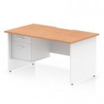 This dynamic pedestal desk features a scalloped edge and measures 1400 x 800mm. The oak top contrasts beautifully with the white panel end leg, creating a sleek and modern workstation. The desk also comes with a 2 drawer fixed pedestal for added storage.