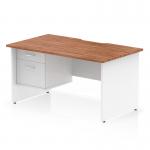 This photo features a stylish Dynamic Pedestal Desk Impulse, measuring 1400 x 800mm, with a scalloped edge and a straight design. The office desk boasts a beautiful walnut top and a white panel end leg. Accompanied by a fixed pedestal, including 1 drawer, this workstation is the epitome of functionality and elegance.