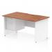 This photo features a stylish Dynamic Pedestal Desk Impulse, measuring 1400 x 800mm, with a scalloped edge and a straight design. The office desk boasts a beautiful walnut top and a white panel end leg. Accompanied by a fixed pedestal, including 1 drawer, this workstation is the epitome of functionality and elegance.