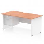 This photograph showcases a dynamic pedestal desk with a 1600 x 800mm beech top and white panel end legs. The desk features a scalloped edge and comes with a fixed 2-drawer pedestal. Perfect for any office, this desk offers ample workspace and stylish design.