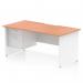This photograph showcases a dynamic pedestal desk with a 1600 x 800mm beech top and white panel end legs. The desk features a scalloped edge and comes with a fixed 2-drawer pedestal. Perfect for any office, this desk offers ample workspace and stylish design.