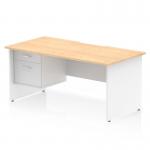 The picture shows a Dynamic Pedestal Desk Impulse in a size of 1600 x 800mm. The scalloped edge gives a unique touch to the straight office desk with a maple top and white panel end leg. The workstation also includes a 2 drawer fixed pedestal for storage.