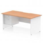 The Dynamic Pedestal Desk Impulse features a sleek, curved edge desk top in oak with a white panel end leg. The spacious 1600 x 800mm work surface and fixed 2-drawer pedestal provide ample storage and organization for your office. Its modern design is ideal for any workspace.