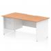 The Dynamic Pedestal Desk Impulse features a sleek, curved edge desk top in oak with a white panel end leg. The spacious 1600 x 800mm work surface and fixed 2-drawer pedestal provide ample storage and organization for your office. Its modern design is ideal for any workspace.