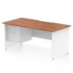 This is a photo of a sleek and stylish Dynamic Pedestal Desk Impulse. The desk features a beautiful scalloped edge and is 1600 x 800mm in size. The top is made of walnut, while the panel end leg is a clean white color. The desk comes with a fixed pedestal and 2 drawers for storage. Perfect for any modern office setting.