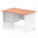 The photograph features a sleek and modern Dynamic Pedestal Desk in dimensions of 1200 x 800mm. The desk has a scalloped edge and is designed as a straight office desk. It has a beech top with a white panel end leg and comes equipped with 1 x 3 drawer fixed pedestal.