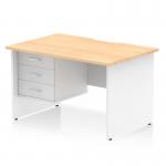 The dynamic pedestal desk Impulse features a 1200 x 800mm maple top with a scalloped edge, white panel end leg, and a fixed 3 drawer pedestal. The workstation provides a sleek and modern look for any office space.