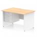 The dynamic pedestal desk Impulse features a 1200 x 800mm maple top with a scalloped edge, white panel end leg, and a fixed 3 drawer pedestal. The workstation provides a sleek and modern look for any office space.