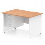 This image features a stylish and sleek Dynamic Pedestal Desk Impulse, measuring 1200 x 800mm. The scalloped edge and straight design, along with an oak top and white panel end legs, create a modern and professional look. In addition, a 3 drawer fixed pedestal can be seen, adding storage and functionality to this workstation.
