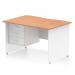 This image features a stylish and sleek Dynamic Pedestal Desk Impulse, measuring 1200 x 800mm. The scalloped edge and straight design, along with an oak top and white panel end legs, create a modern and professional look. In addition, a 3 drawer fixed pedestal can be seen, adding storage and functionality to this workstation.