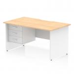 The Dynamic Pedestal Desk Impulse features a scalloped edge straight office desk with a maple top and white panel end leg. It also comes with a 3 drawer fixed pedestal for storage. This spacious workstation measures 1400 x 800mm and offers a sleek and modern design for any office space.