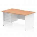 The desk features a sleek, scalloped edge oak top with a white panel end leg. It includes a 3 drawer fixed pedestal for extra storage. The dynamic pedestal desk has ample work space at 1400 x 800mm and adds a modern touch to any office.