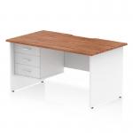 The photo shows a dynamic pedestal desk with a scalloped edge and a walnut top, featuring a white panel end leg. It measures 1400 x 800mm and includes a fixed pedestal with 3 drawers. This workstation is perfect for any office space.